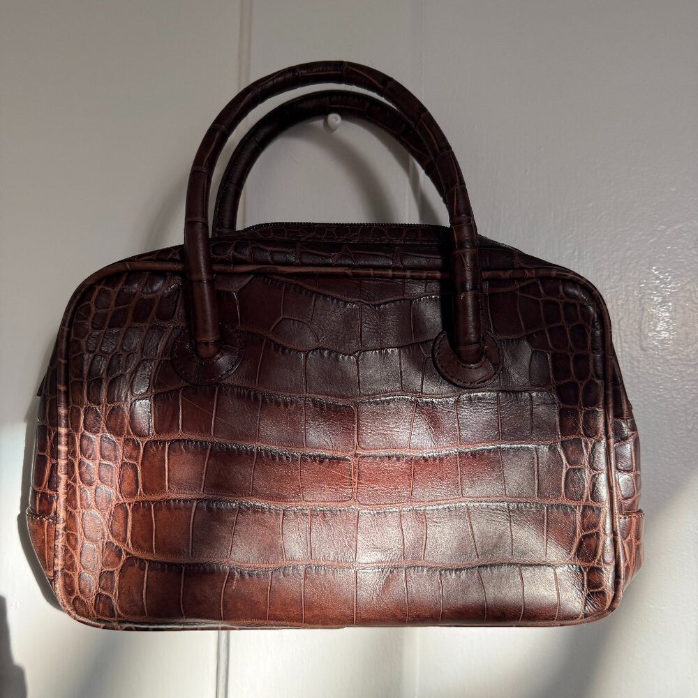 Danier Croc-Embossed Mini Handbag in Deep Brown